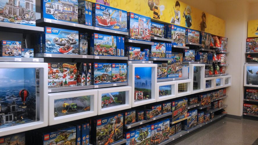Lego sets in a toy store